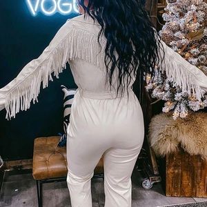 White Leather Fringe Jumpsuit